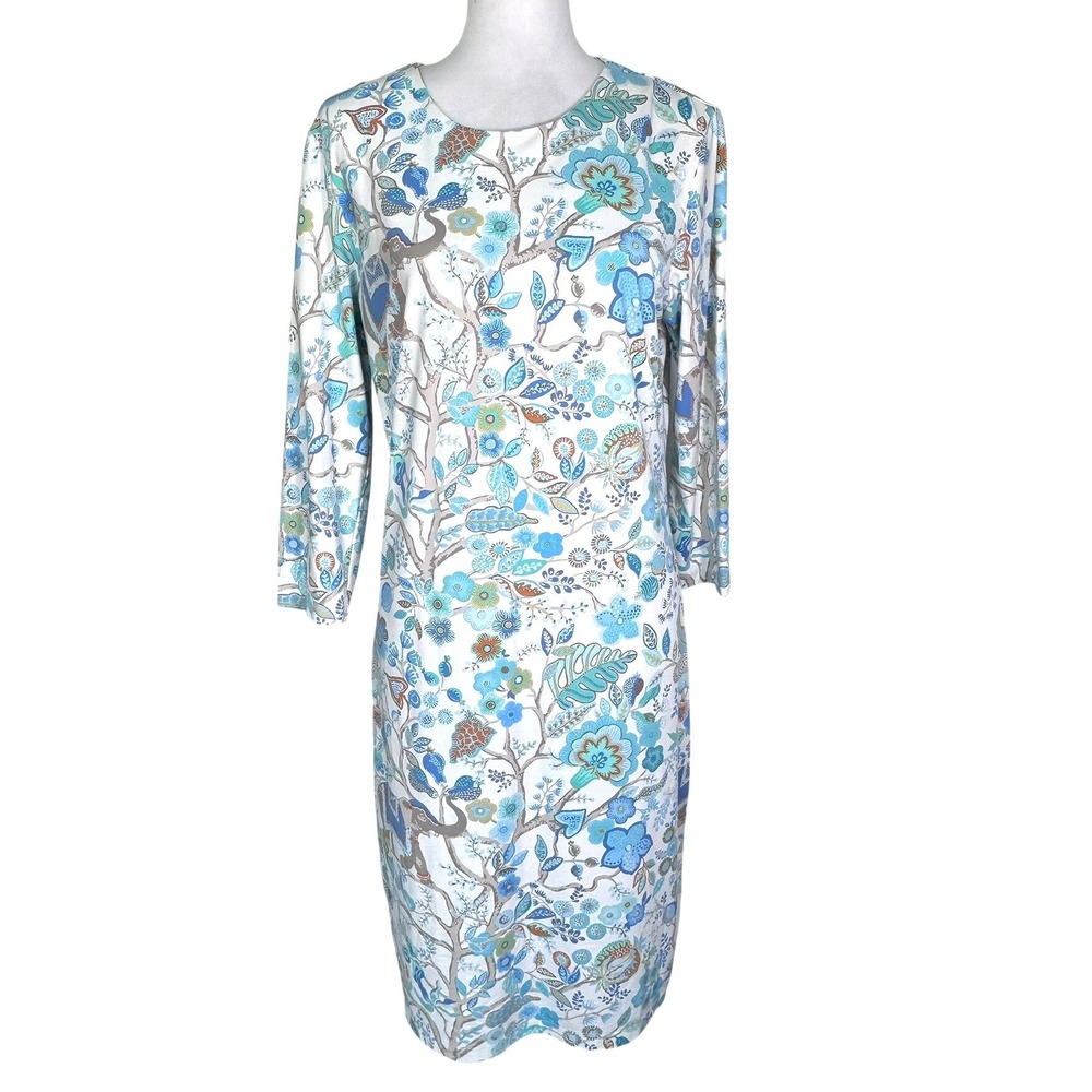 J.MCLAUGHLIN Women's Large Blue White Floral Tree of Life Elephant Sheath Dress